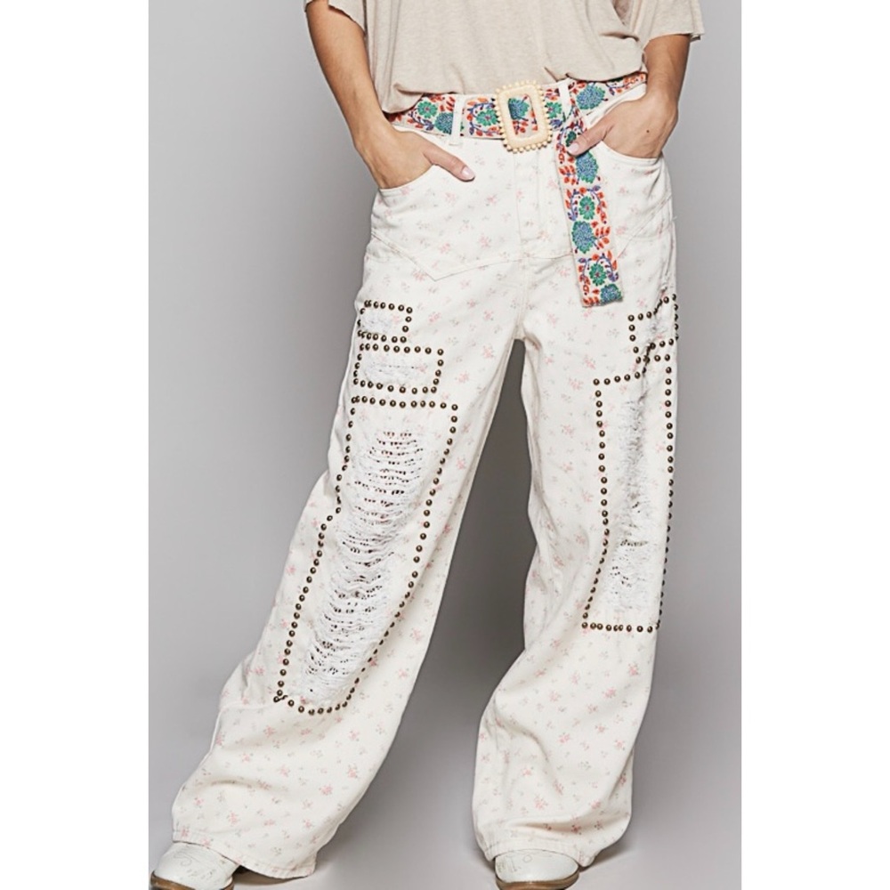 POL Cream Floral Studded Distressed Straight Leg Denim Jeans